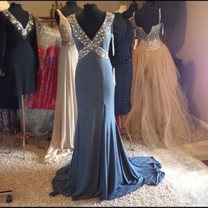 Jovani gunmetal gray prom evening gown